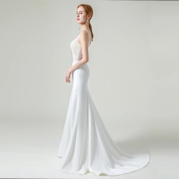 Haut de Gamme Blanche Satin La Mariée Robe De Mariée 2020 Trompette / Sirène V-Cou Sans Manches Dos Nu Appliques En Dentelle Perlage Train De Balayage Volants