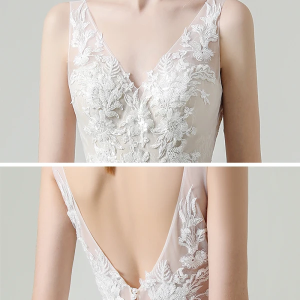 Haut de Gamme Blanche Satin La Mariée Robe De Mariée 2020 Trompette / Sirène V-Cou Sans Manches Dos Nu Appliques En Dentelle Perlage Train De Balayage Volants