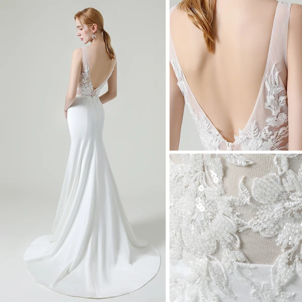 Haut de Gamme Blanche Satin La Mariée Robe De Mariée 2020 Trompette / Sirène V-Cou Sans Manches Dos Nu Appliques En Dentelle Perlage Train De Balayage Volants