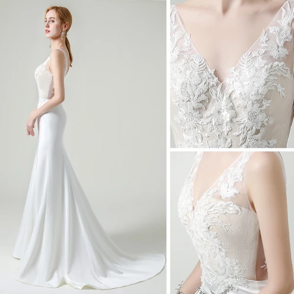 Haut de Gamme Blanche Satin La Mariée Robe De Mariée 2020 Trompette / Sirène V-Cou Sans Manches Dos Nu Appliques En Dentelle Perlage Train De Balayage Volants