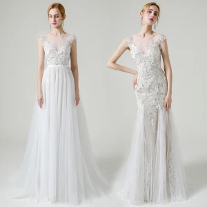 Charmant Champagne Transparentes La Mariée Robe De Mariée 2020 Princesse Encolure Dégagée Sans Manches Appliques Paillettes Perlage Détachable Train De Balayage Volants
