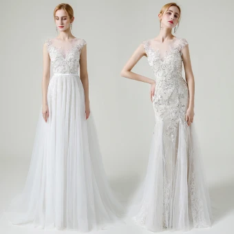 Charming Champagne See Through Bridal Wedding Dresses 2020 A Line Princess Scoop Neck Sleeveless Appliques Sequins Beading Detachable Sweep Train Ruffle