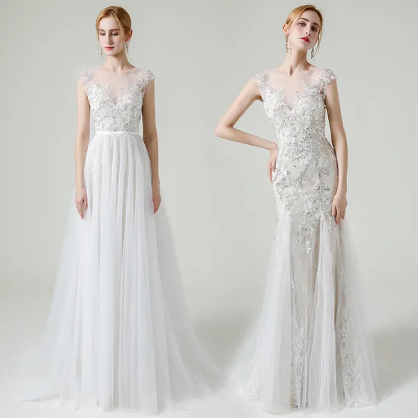 Charming Champagne See-through Bridal Wedding Dresses 2020 A-Line / Princess Scoop Neck Sleeveless Appliques Sequins Beading Detachable Sweep Train Ruffle