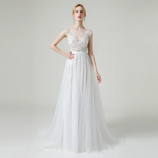 Charmant Champagne Transparentes La Mariée Robe De Mariée 2020 Princesse Encolure Dégagée Sans Manches Appliques Paillettes Perlage Détachable Train De Balayage Volants
