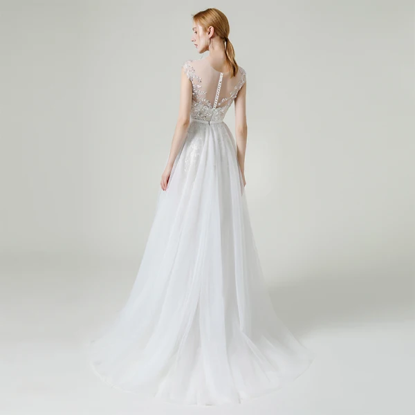 Charmant Champagne Transparentes La Mariée Robe De Mariée 2020 Princesse Encolure Dégagée Sans Manches Appliques Paillettes Perlage Détachable Train De Balayage Volants