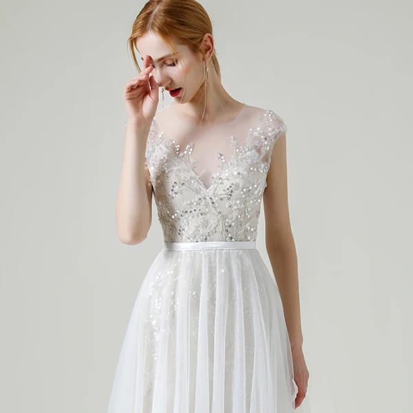 Charmant Champagne Transparentes La Mariée Robe De Mariée 2020 Princesse Encolure Dégagée Sans Manches Appliques Paillettes Perlage Détachable Train De Balayage Volants