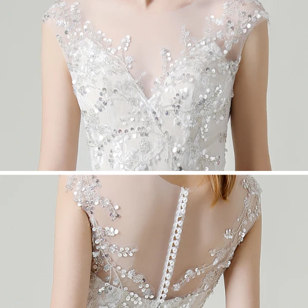 Charmant Champagne Transparentes La Mariée Robe De Mariée 2020 Princesse Encolure Dégagée Sans Manches Appliques Paillettes Perlage Détachable Train De Balayage Volants