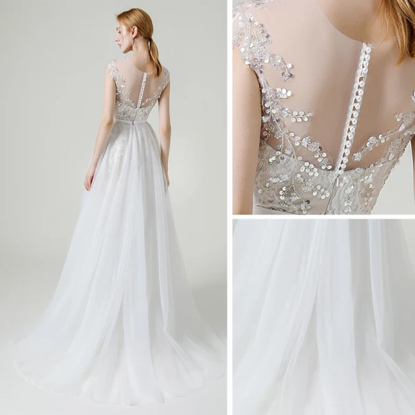 Charmant Champagne Transparentes La Mariée Robe De Mariée 2020 Princesse Encolure Dégagée Sans Manches Appliques Paillettes Perlage Détachable Train De Balayage Volants