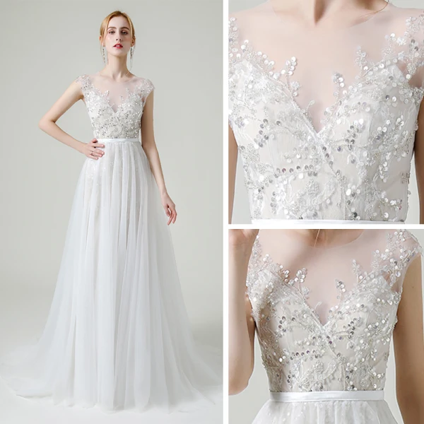 Charmant Champagne Transparentes La Mariée Robe De Mariée 2020 Princesse Encolure Dégagée Sans Manches Appliques Paillettes Perlage Détachable Train De Balayage Volants