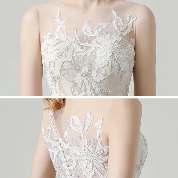 Charmant Weiß Garten / Im Freien Durchsichtige Brautkleider / Hochzeitskleider 2020 A Linie Rundhalsausschnitt Ärmellos Stoffgürtel Applikationen Spitze Perlenstickerei Pailletten Sweep / Pinsel Zug Rüschen