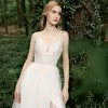 White Outdoor / Garden Light Wedding Dresses 2020 A-Line / Princess Spaghetti Straps Sleeveless Backless Spotted Tulle Appliques Lace Split Front Sweep Train Ruffle