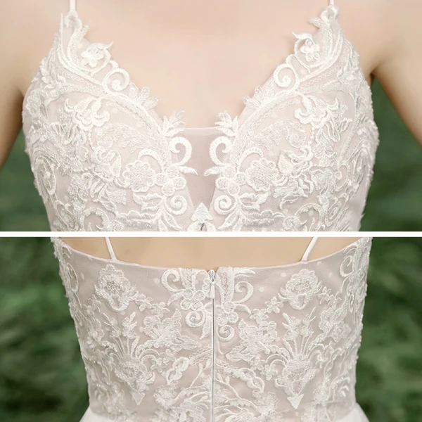 Blanche Jardin / Extérieur Légère Robe De Mariée 2020 Princesse Bretelles Spaghetti Sans Manches Dos Nu Tachetée Tulle Appliques En Dentelle Fendue devant Train De Balayage Volants