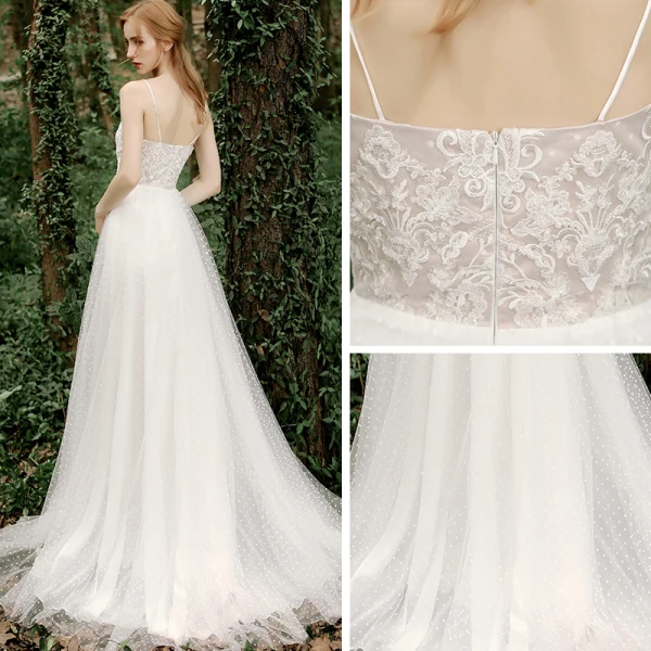 Blanche Jardin / Extérieur Légère Robe De Mariée 2020 Princesse Bretelles Spaghetti Sans Manches Dos Nu Tachetée Tulle Appliques En Dentelle Fendue devant Train De Balayage Volants