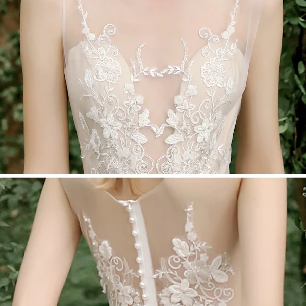 Illusion Champagne Jardin / Extérieur Transparentes Robe De Mariée 2020 Princesse Encolure Dégagée Sans Manches Ceinture Dos Nu Appliques En Dentelle Perlage Train De Balayage Volants