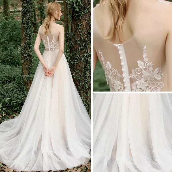 Illusion Champagne Jardin / Extérieur Transparentes Robe De Mariée 2020 Princesse Encolure Dégagée Sans Manches Ceinture Dos Nu Appliques En Dentelle Perlage Train De Balayage Volants