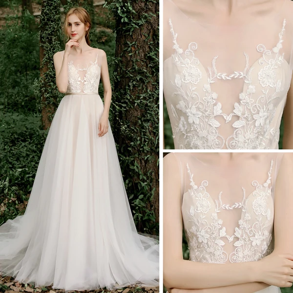 Illusion Champagne Jardin / Extérieur Transparentes Robe De Mariée 2020 Princesse Encolure Dégagée Sans Manches Ceinture Dos Nu Appliques En Dentelle Perlage Train De Balayage Volants