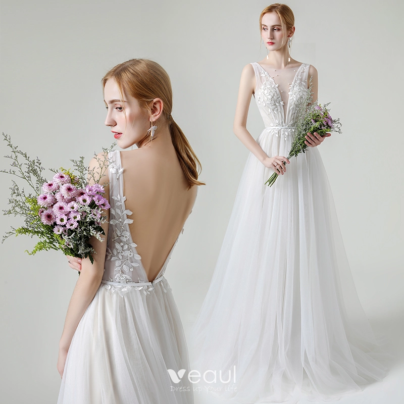 V Neck Appliques Backless Outdoor Wedding Dress V Neck Appliques Backless Outdoor Wedding Dress