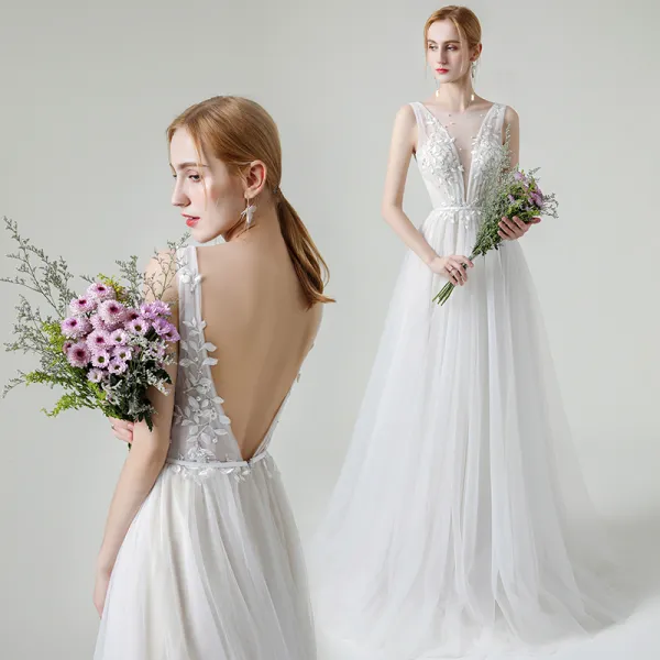 Champagne Outdoor / Garden Light Wedding Dresses 2020 A-Line / Princess See-through Deep V-Neck Sleeveless Backless Appliques Lace Beading Pearl Sash Sweep Train Ruffle