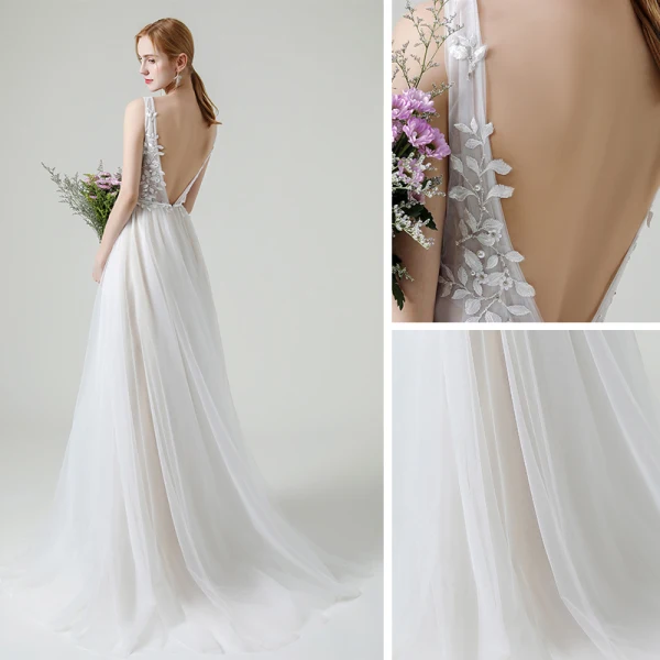 Champagner Garten / Im Freien Leichtes Brautkleider / Hochzeitskleider 2020 A Linie Durchsichtige Tiefer V-Ausschnitt Ärmellos Rückenfreies Applikationen Spitze Perlenstickerei Perle Stoffgürtel Sweep / Pinsel Zug Rüschen