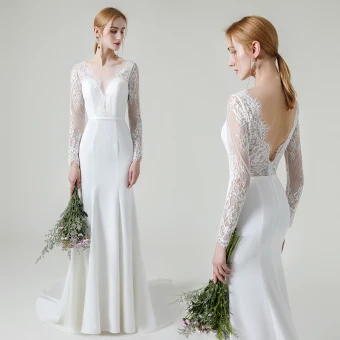 Élégant Blanche Dentelle Plage Robe De Mariée 2020 Trompette Sirène Transparentes Encolure Dégagée Manches Longues Dos Nu Ceinture Train De Balayage Volants