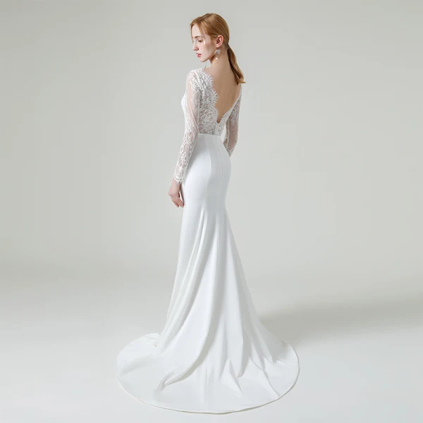 Elegante Weiß Spitze Strand Brautkleider / Hochzeitskleider 2020 Meerjungfrau Durchsichtige Rundhalsausschnitt Lange Ärmel Rückenfreies Stoffgürtel Sweep / Pinsel Zug Rüschen