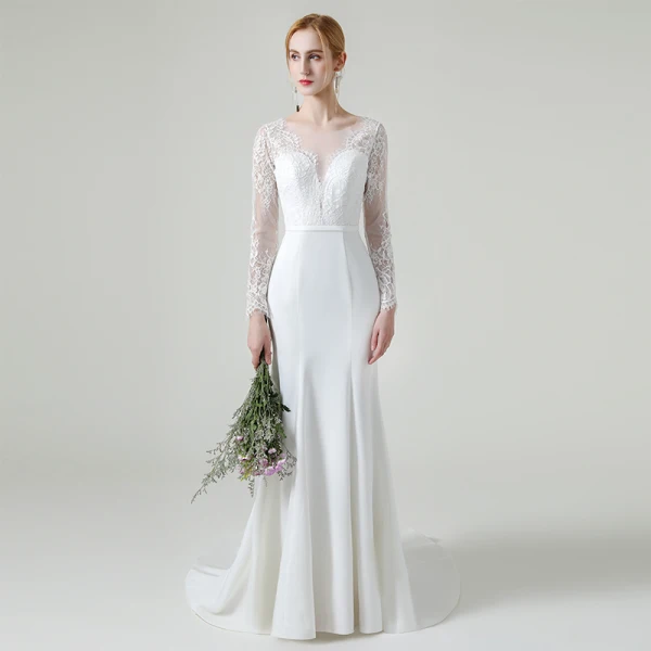 Elegante Weiß Spitze Strand Brautkleider / Hochzeitskleider 2020 Meerjungfrau Durchsichtige Rundhalsausschnitt Lange Ärmel Rückenfreies Stoffgürtel Sweep / Pinsel Zug Rüschen