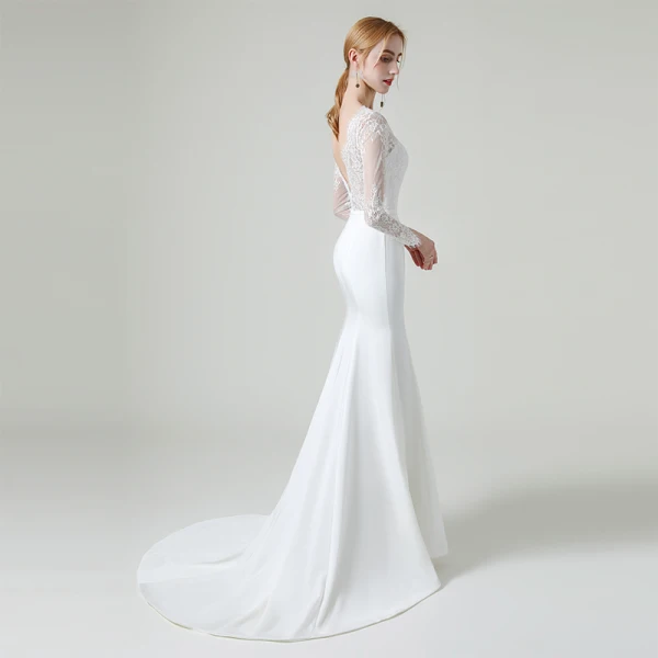 Elegante Weiß Spitze Strand Brautkleider / Hochzeitskleider 2020 Meerjungfrau Durchsichtige Rundhalsausschnitt Lange Ärmel Rückenfreies Stoffgürtel Sweep / Pinsel Zug Rüschen