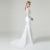 Elegant White Lace Beach Wedding Dresses 2020 Trumpet / Mermaid See-through Scoop Neck Long Sleeve Backless Sash Sweep Train Ruffle