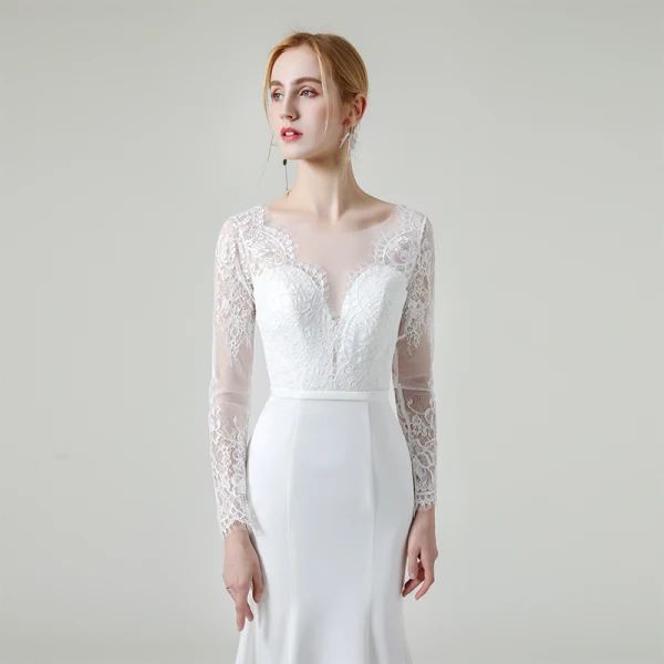 Elegante Weiß Spitze Strand Brautkleider / Hochzeitskleider 2020 Meerjungfrau Durchsichtige Rundhalsausschnitt Lange Ärmel Rückenfreies Stoffgürtel Sweep / Pinsel Zug Rüschen