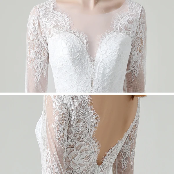 Elegante Weiß Spitze Strand Brautkleider / Hochzeitskleider 2020 Meerjungfrau Durchsichtige Rundhalsausschnitt Lange Ärmel Rückenfreies Stoffgürtel Sweep / Pinsel Zug Rüschen