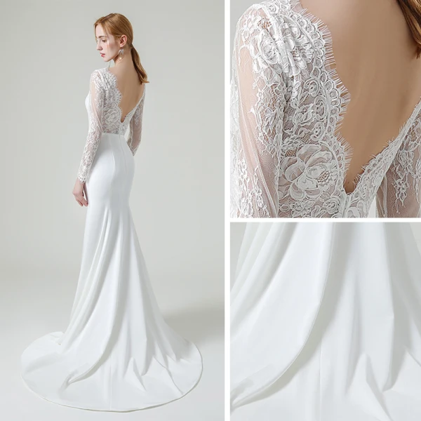 Elegante Weiß Spitze Strand Brautkleider / Hochzeitskleider 2020 Meerjungfrau Durchsichtige Rundhalsausschnitt Lange Ärmel Rückenfreies Stoffgürtel Sweep / Pinsel Zug Rüschen