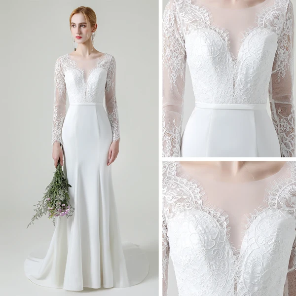 Elegante Weiß Spitze Strand Brautkleider / Hochzeitskleider 2020 Meerjungfrau Durchsichtige Rundhalsausschnitt Lange Ärmel Rückenfreies Stoffgürtel Sweep / Pinsel Zug Rüschen
