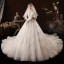 Schöne Champagner Hochzeits Brautkleider / Hochzeitskleider 2020 Ballkleid Durchsichtige V-Ausschnitt 3/4 Ärmel Rückenfreies Applikationen Spitze Perlenstickerei Kathedrale Schleppe Rüschen