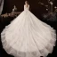 Schöne Champagner Hochzeits Brautkleider / Hochzeitskleider 2020 Ballkleid Durchsichtige V-Ausschnitt 3/4 Ärmel Rückenfreies Applikationen Spitze Perlenstickerei Kathedrale Schleppe Rüschen