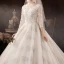 Schöne Champagner Hochzeits Brautkleider / Hochzeitskleider 2020 Ballkleid Durchsichtige V-Ausschnitt 3/4 Ärmel Rückenfreies Applikationen Spitze Perlenstickerei Kathedrale Schleppe Rüschen