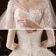Schöne Champagner Hochzeits Brautkleider / Hochzeitskleider 2020 Ballkleid Durchsichtige V-Ausschnitt 3/4 Ärmel Rückenfreies Applikationen Spitze Perlenstickerei Kathedrale Schleppe Rüschen