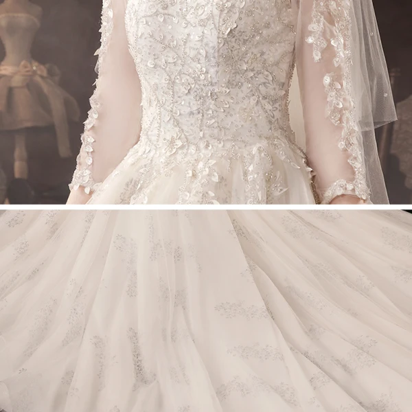 Schöne Champagner Hochzeits Brautkleider / Hochzeitskleider 2020 Ballkleid Durchsichtige V-Ausschnitt 3/4 Ärmel Rückenfreies Applikationen Spitze Perlenstickerei Kathedrale Schleppe Rüschen