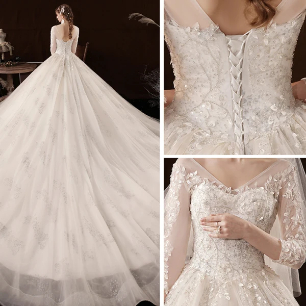 Schöne Champagner Hochzeits Brautkleider / Hochzeitskleider 2020 Ballkleid Durchsichtige V-Ausschnitt 3/4 Ärmel Rückenfreies Applikationen Spitze Perlenstickerei Kathedrale Schleppe Rüschen