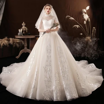 Vintage Retro Champagne Bridal Wedding Dresses 2020 Ball Gown See Through High Neck 1 2 Sleeves Backless Beading Appliques Lace Sequins Cathedral Train Ruffle