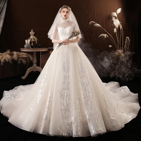 Vintage Champán Boda Vestidos De Novia 2020 Ball Gown Transparentes Cuello Alto 1/2 Ærmer Sin Espalda Rebordear Apliques Con Encaje Lentejuelas Cathedral Train Ruffle