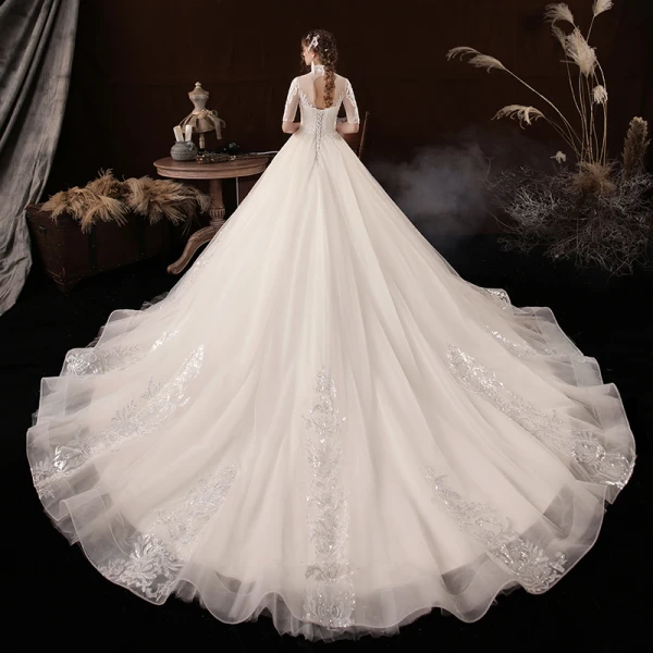 Vintage / Retro Champagne Bridal Wedding Dresses 2020 Ball Gown See-through High Neck 1/2 Sleeves Backless Beading Appliques Lace Sequins Cathedral Train Ruffle
