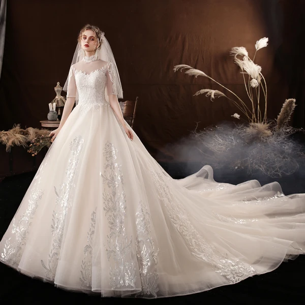 Vintage / Retro Champagne Bridal Wedding Dresses 2020 Ball Gown See-through High Neck 1/2 Sleeves Backless Beading Appliques Lace Sequins Cathedral Train Ruffle