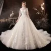 Vintage / Retro Champagne Bridal Wedding Dresses 2020 Ball Gown See-through High Neck 1/2 Sleeves Backless Beading Appliques Lace Sequins Cathedral Train Ruffle