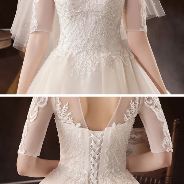 Vintage / Retro Champagne Bridal Wedding Dresses 2020 Ball Gown See-through High Neck 1/2 Sleeves Backless Beading Appliques Lace Sequins Cathedral Train Ruffle
