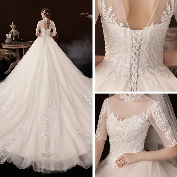 Vintage / Retro Champagne Bridal Wedding Dresses 2020 Ball Gown See-through High Neck 1/2 Sleeves Backless Beading Appliques Lace Sequins Cathedral Train Ruffle