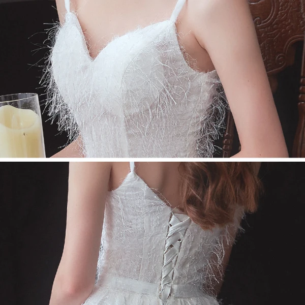 Erschwinglich Garten / Im Freien Weiß Brautkleider / Hochzeitskleider 2020 A Linie Spaghettiträger Ärmellos Rückenfreies Feder Glanz Polyester Stoffgürtel Hof-Schleppe