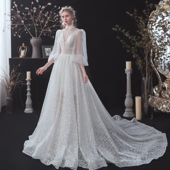 Vintage Retro White Summer Bridal Wedding Dresses 2020 A Line Princess See Through Deep V Neck Puffy 3 4 Sleeve Backless Beading Glitter Spotted Tulle Sash Court Train Ruffle