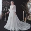 Vintage / Originale Blanche Été La Mariée Robe De Mariée 2020 Princesse Transparentes Col v profond Gonflée 3/4 Manches Dos Nu Perlage Glitter Tachetée Tulle Ceinture Tribunal Train Volants