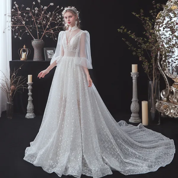 Vintage / Retro White Summer Bridal Wedding Dresses 2020 A-Line / Princess See-through Deep V-Neck Puffy 3/4 Sleeve Backless Beading Glitter Spotted Tulle Sash Court Train Ruffle