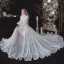 Vintage / Originale Blanche Été La Mariée Robe De Mariée 2020 Princesse Transparentes Col v profond Gonflée 3/4 Manches Dos Nu Perlage Glitter Tachetée Tulle Ceinture Tribunal Train Volants